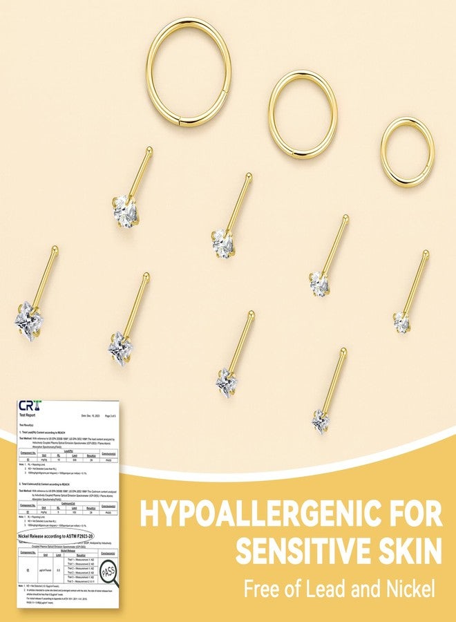 GingYing 20g Nose Rings Studs and 18g Nose Rings Hoops for Women Men: Hypoallergenic Surgical Stainless Steel Threadless Corkscrew/L Shape/Straight Nose Studs Round Square Simulated Diamond CZ 1.5/2/2.5/3mm Hinged Clicker Segment Nose Hoops Septum Nostril Piercing Nose Bone Jewelry 6/8/10mm 11pcs (11Pcs-Gold-Straight nose stud+Nose ring hoop) - Image 5